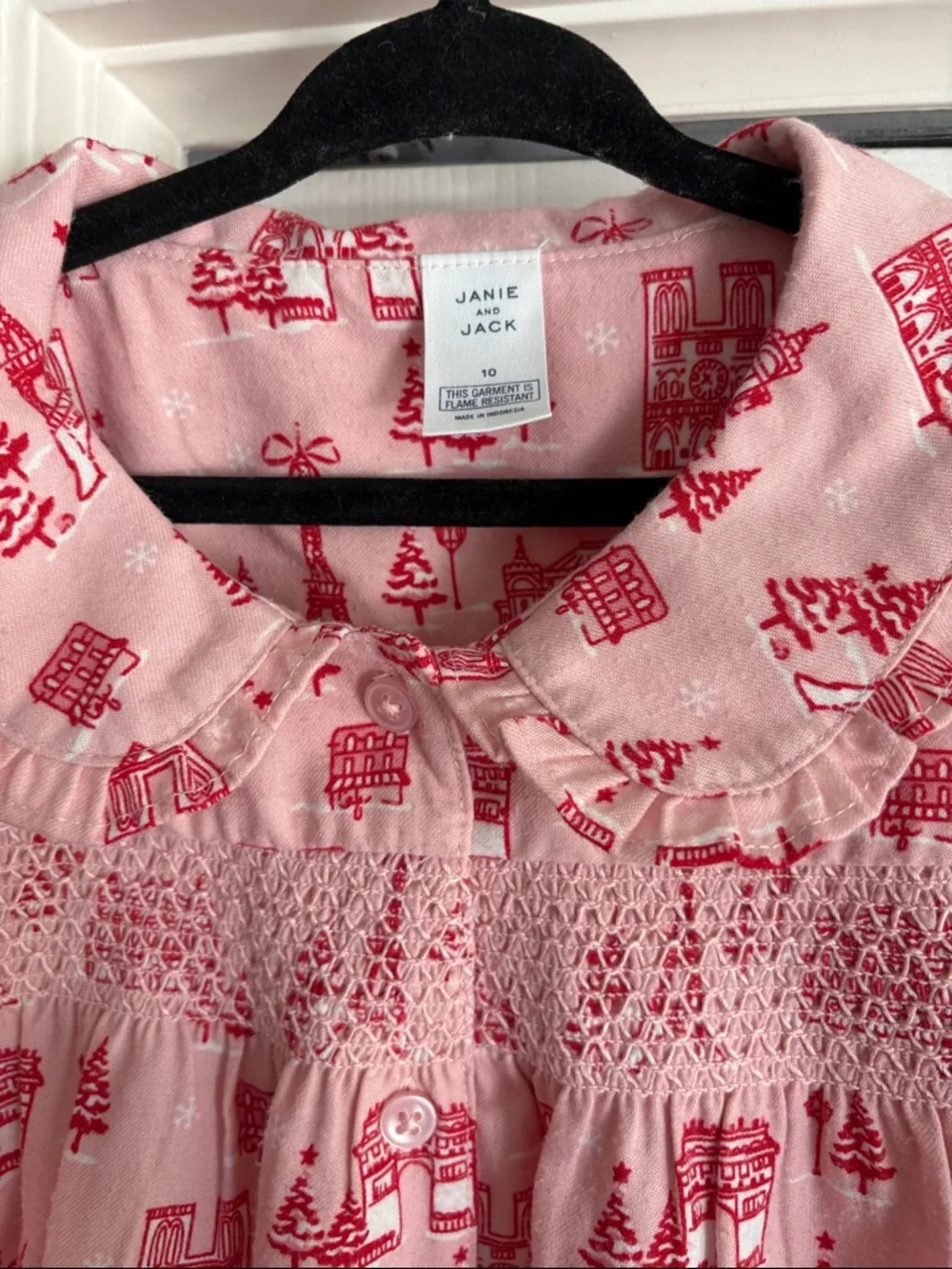 Janie and Jack Pink Smocked Paris Pajama Top with Ruffle Collar